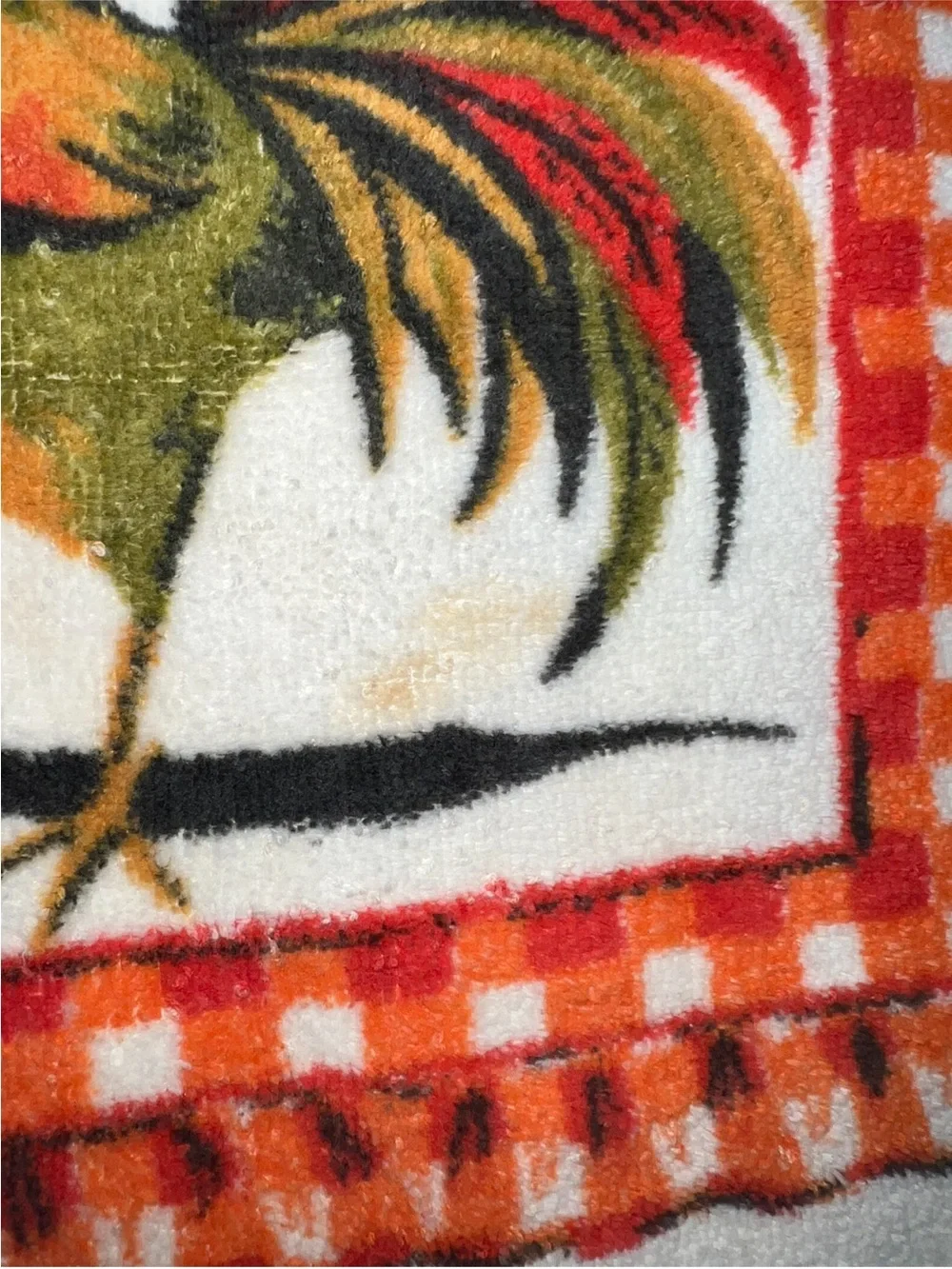 🔴Vintage Rooster Kitchen Towel Orange Check Border Fringe Terry Cloth Country